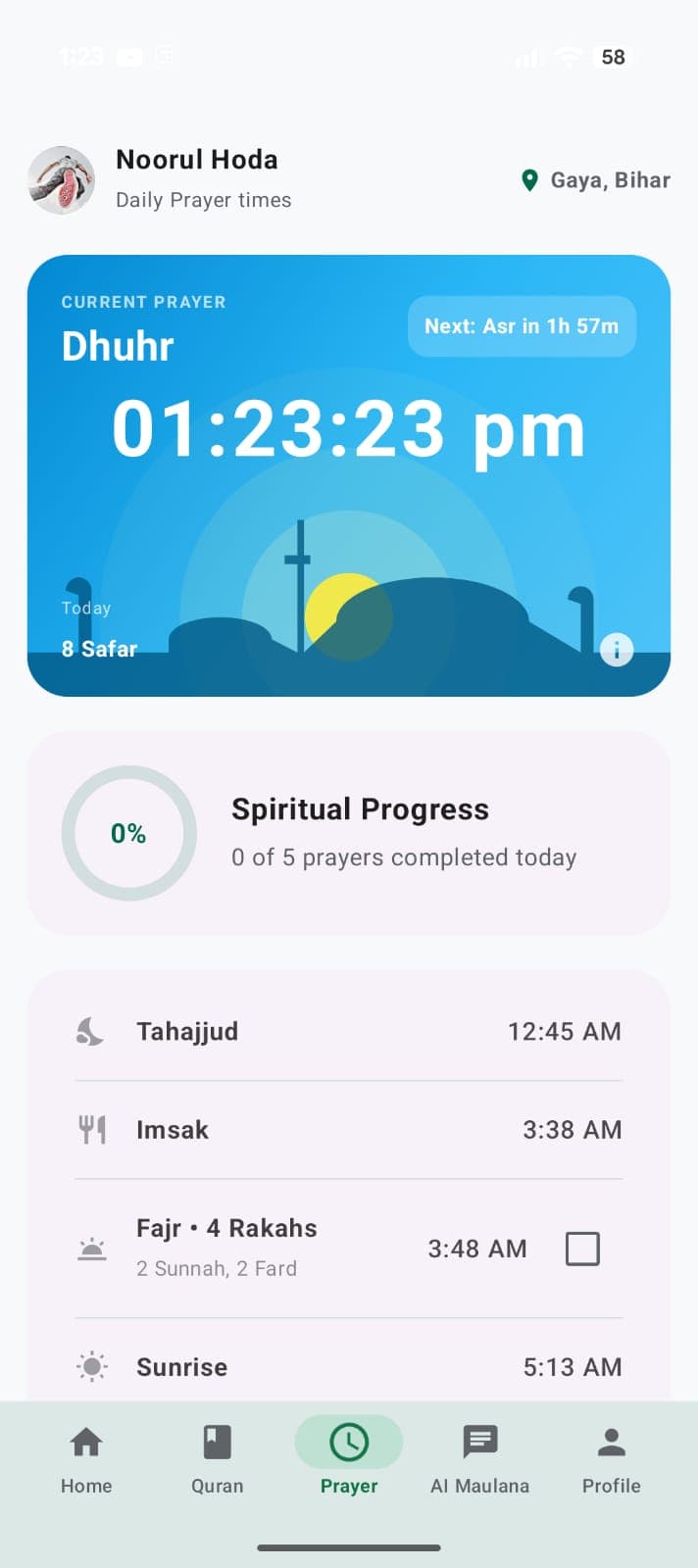 The Fahm Prayer tab — Dhuhr countdown, today's Hijri date, spiritual progress, and the full daily Salah schedule