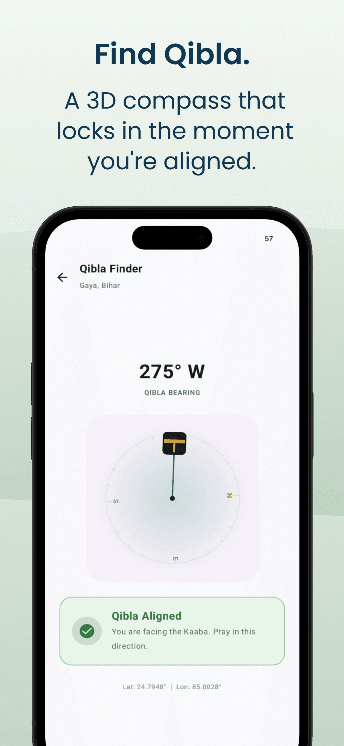 Find Qibla — A 3D compass that locks in the moment you're aligned.