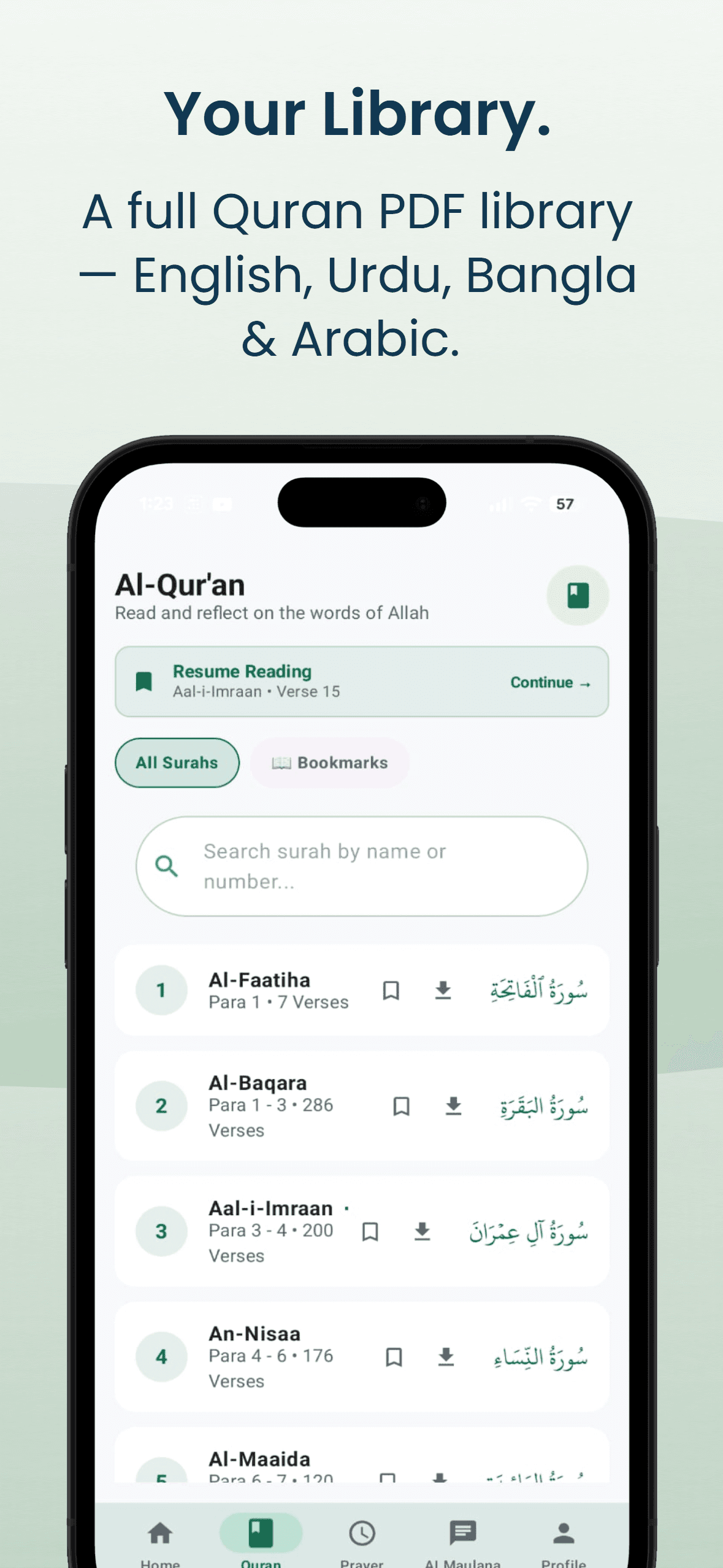 Your Library — A full Quran PDF library — English, Urdu, Bangla & Arabic.